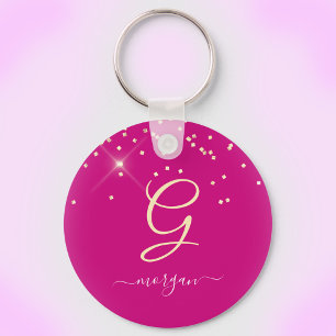 Gold Glitter & Monogram Weißer Schriftname, Fuchsi Schlüsselanhänger