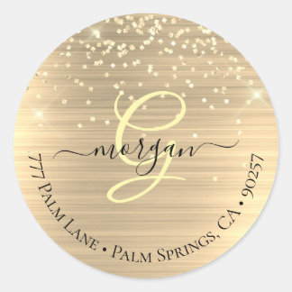 Gold Glitter & Monogramm, schwarze Schreibschrift Runder Aufkleber