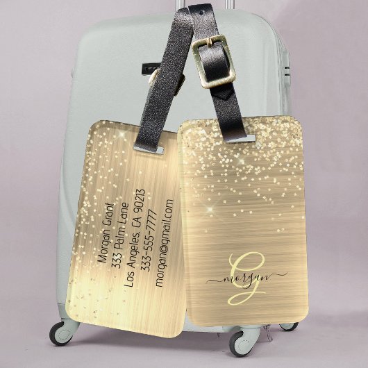 Gold Glitter & Monogramm, schwarzer Schriftname Gepäckanhänger