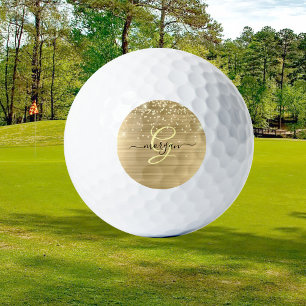 Gold Glitter & Monogramm, schwarzer Schriftname Golfball