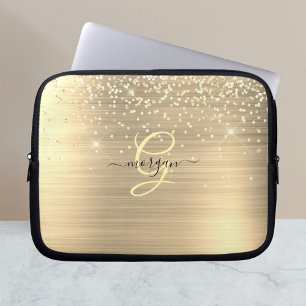 Gold Glitter & Monogramm, schwarzer Schriftname Laptopschutzhülle