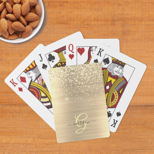Gold Glitter & Monogramm, schwarzer Schriftname Spielkarten
