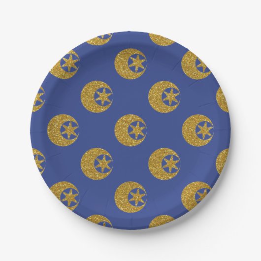 Gold Glitter Moon and Stars Pattern on Blue Pappteller (Vorderseite)
