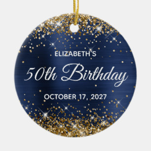 Gold Glitter Navy Blau Folie 50. Geburtstag Keramik Ornament