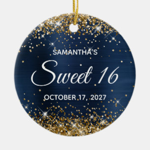 Gold Glitter Navy Blau Folie Sweet 16 Geburtstag Keramik Ornament