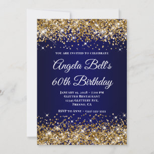 Gold Glitter Navy Blau Ombre 60. Geburtstag Einladung