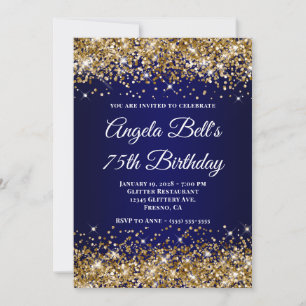 Gold Glitter Navy Blau Ombre 75. Geburtstag Einladung