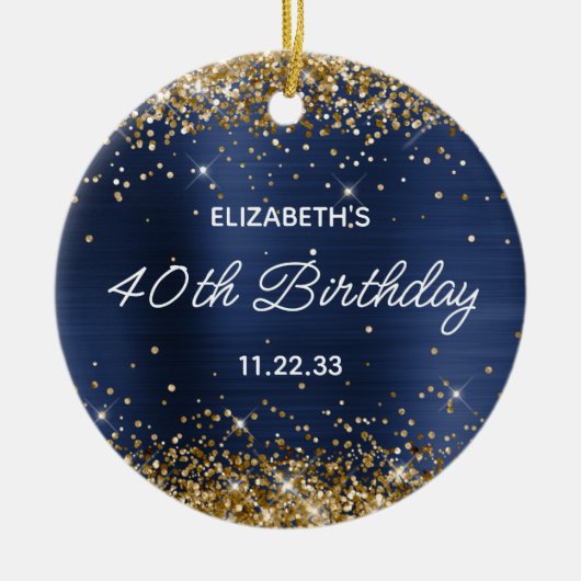 Gold Glitter Navy Blue Foil 40th Birthday Photo Keramik Ornament (Vorne)
