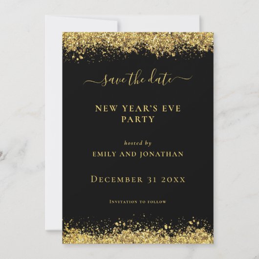 Gold Glitter New Year Party Black Save Date card Einladung (Vorderseite)