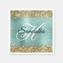 Gold Glitter Pale Turquoise Foil Monogram Serviette