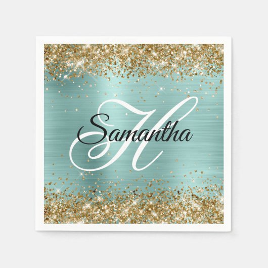Gold Glitter Pale Turquoise Foil Monogram Serviette (Vorderseite)