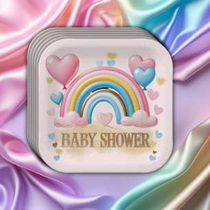 Gold Glitter Pastell Herzen und Regenbogen Baby Sh Pappteller