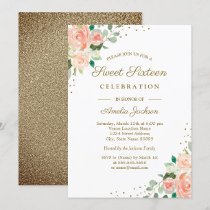 Gold Glitter Pfirsich Blumen Sweet Sixteen Einladu Einladung