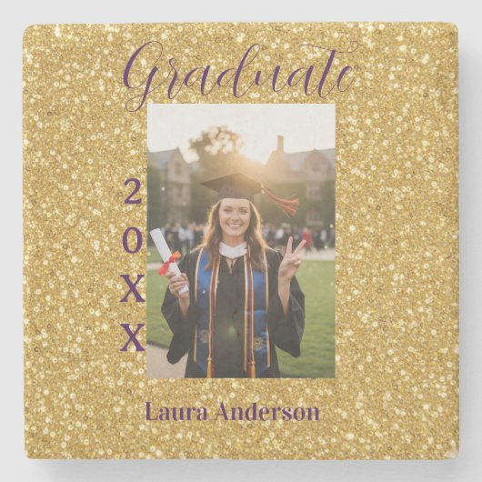 Gold glitter photo graduation add name class text steinuntersetzer (Vorderseite)