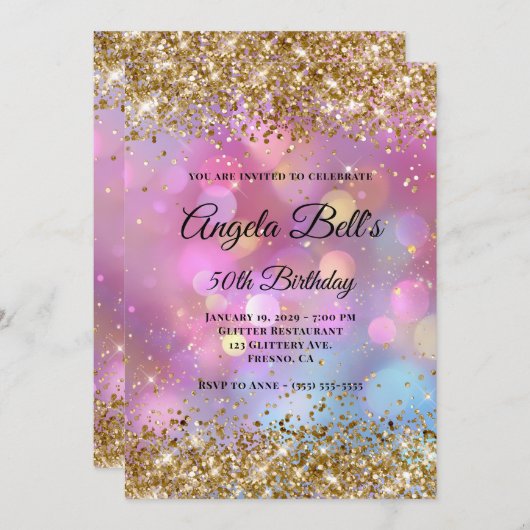 Gold Glitter Pink Bokeh Einladung (Vorne/Hinten)
