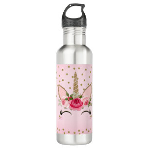 Gold Glitter & Pink Floral Einhorn Trendy Edelstahlflasche