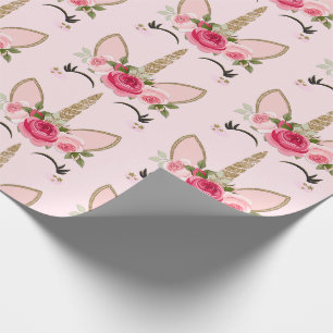 Gold Glitter & Pink Florale Einhorn Geburtstagsfei Geschenkpapier