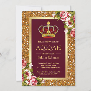 Gold Glitter Prinzessin Burgund Floral Aqiqah Einladung