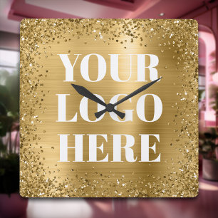 Gold Glitter-Rahmen und Folien-Logo Quadratische Wanduhr