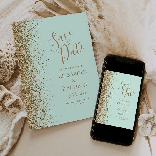 Gold Glitter Rand Mintgrün Save the Date Ankündigung