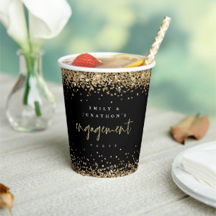 Gold Glitter-Rand Namen Verlobungsfeier Schwarz Pappbecher