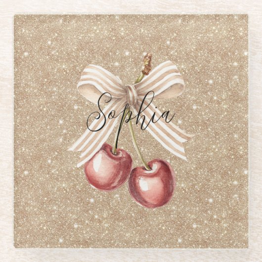 Gold Glitter Red Cherries Glasuntersetzer (Vorderseite)