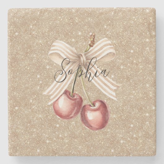 Gold Glitter Red Cherries Steinuntersetzer (Vorderseite)