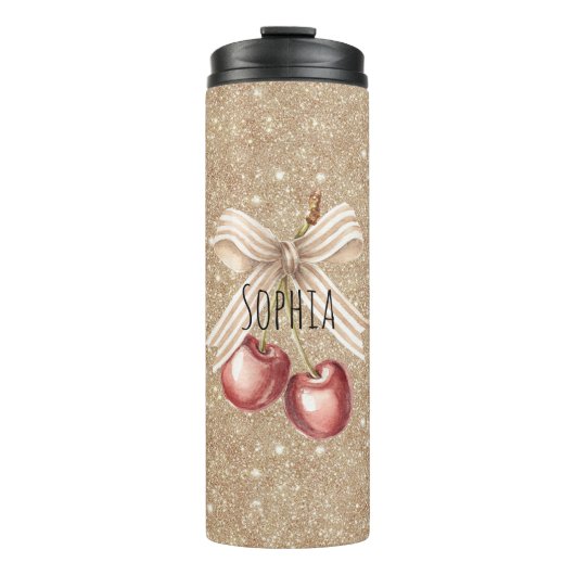Gold Glitter Red Cherries Thermosbecher (Vorderseite)