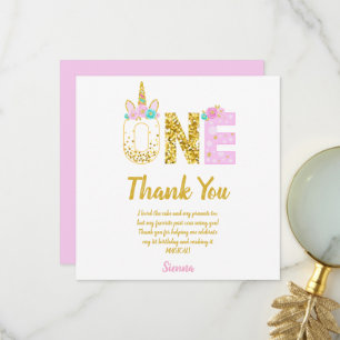 Gold Glitter Rosa Einhorn 1. Geburtstag Dankeskarte