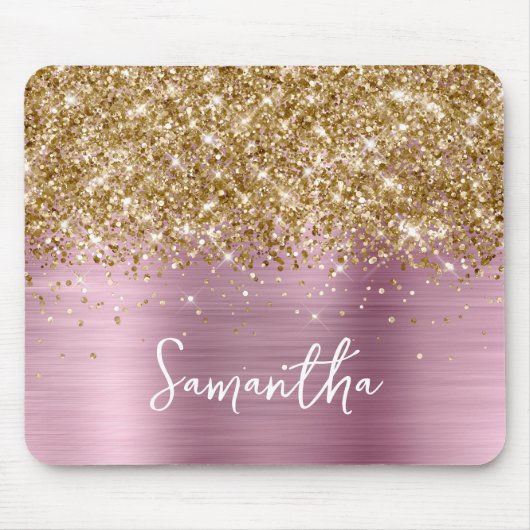 Gold Glitter Rosa Glam Name Mousepad (Vorne)