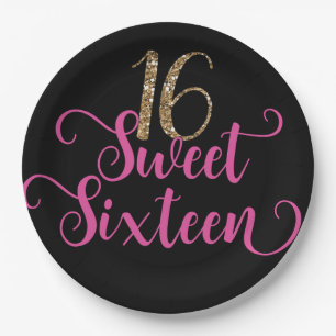 Gold Glitter Rosa Schwarz Sweet 16 Geburtstagsfeie Pappteller