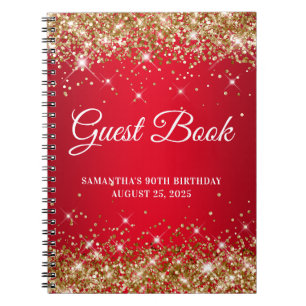 Gold Glitter Rot Ombre 90. Geburtstag Gästebuch Notizblock