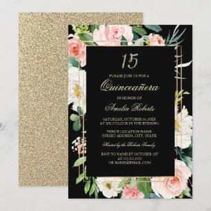 Gold Glitter Rouge Schwarz Blumen Quinceanera Einladung