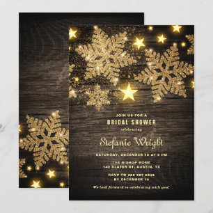 Gold Glitter Schneeflocken Rustikale Brautparty Einladung