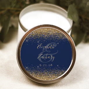Gold Glitter Schrift Navy Blau Hochzeit Runder Aufkleber