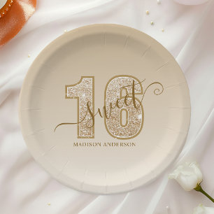 Gold Glitter Schriftzug Sweet 16 Geburtstag Pappteller