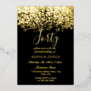 Gold Glitter Schwarz 40. Geburtstagsfeier Gold Folieneinladung