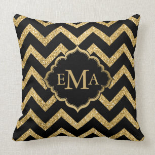 Gold Glitter Schwarz Chevron Zigzag Muster Monogra Kissen