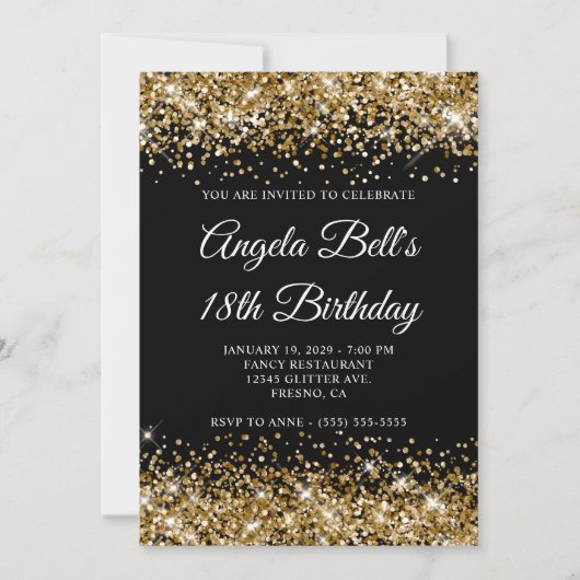 Gold Glitter Schwarz Fancy Monogramm 18. Geburtsta Einladung (Vorderseite)