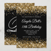 Gold Glitter Schwarz Fancy Monogramm 18. Geburtsta Einladung (Vorne/Hinten)