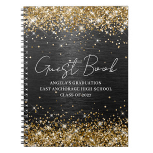 Gold Glitter Schwarz Gebürstet Metall Abitur Gast Notizblock