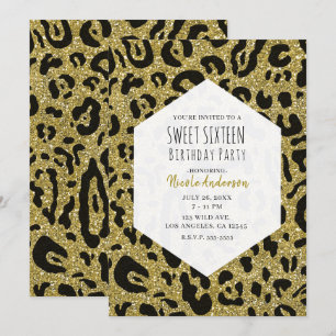 Gold Glitter Schwarz Gepard Leopard Süße 16 Party Einladung