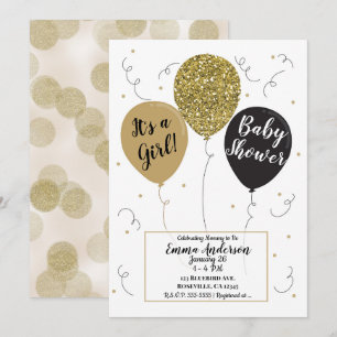 Gold Glitter Schwarze Ballons Mädchen Baby Shower Einladung