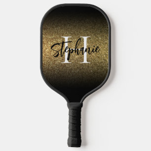 Gold Glitter Schwarze Kante Ombre Monogramm Pickleball Schläger