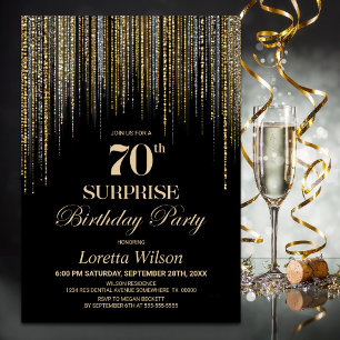 Gold Glitter Schwarze Überraschungs 70. Geburtstag Einladung