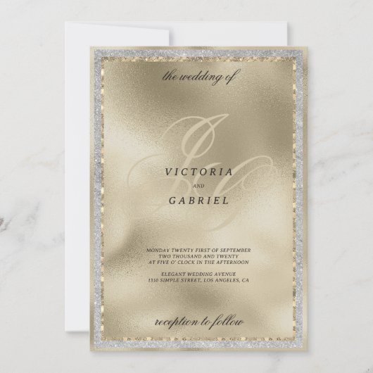 Gold Glitter schwarzes Monogramm Initial Hochzeit Einladung (Vorderseite)
