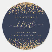 Gold Glitter Script Navy Blue 50th Party Thank You Runder Aufkleber (Vorderseite)
