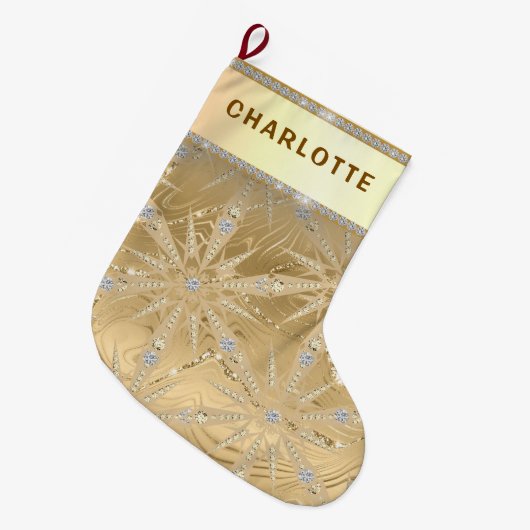 Gold Glitter Snowflake & Diamond Custom Name Großer Weihnachtsstrumpf (Vorderansicht (hängend))