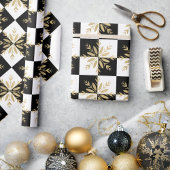 Gold Glitter Snowflakes Black and White Checkered Geschenkpapier