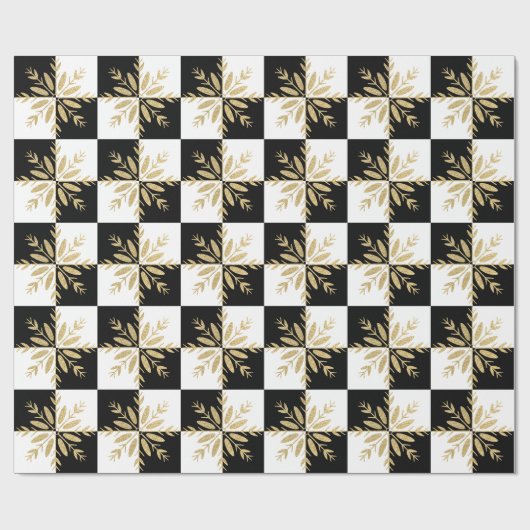 Gold Glitter Snowflakes Black and White Checkered Geschenkpapier (Flach)